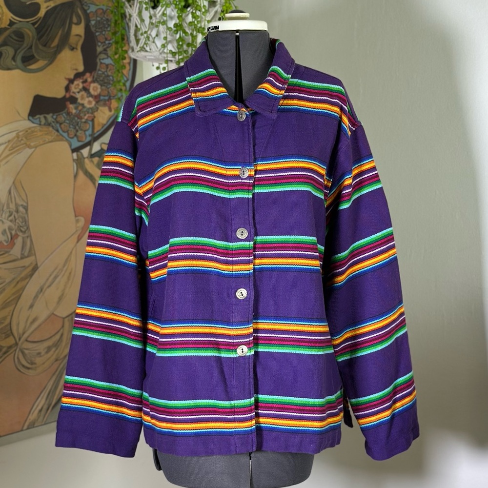 Women’s Vintage 100% Cotton Western Blanket Rug Button Down Oversized Jacket‎